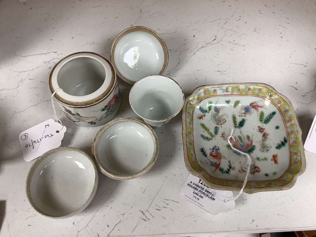 A Chinese small square porcelain bowl, Jiaqing mark, and four items of late 19th/early 20th century Chinese porcelain